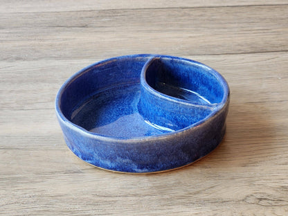 Blue handmade Pottery snack bowl with two sections for dips and snacks, 