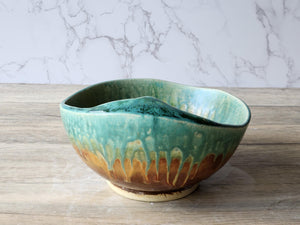 Handmade Mottled green/blue/orange/brown Serving bowl - Large handmade fruit bowl - coffee table display bowl - Unique gift