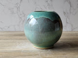 Hand-made pottery Moon Jar - ceramic round vase in Mottled Greens -perfect for an entry way table or coffee table