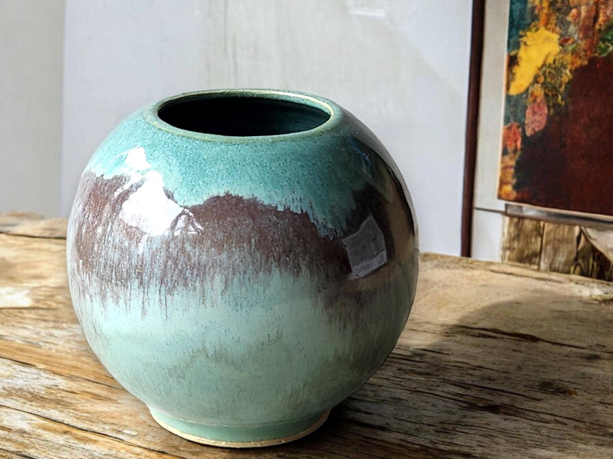 Handmade green Moon Jar with mottled ceramic glaze