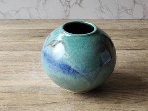 Handmade pottery bottle vase - Mottled Greens moon jar - Ceramic globe vase - unique gift