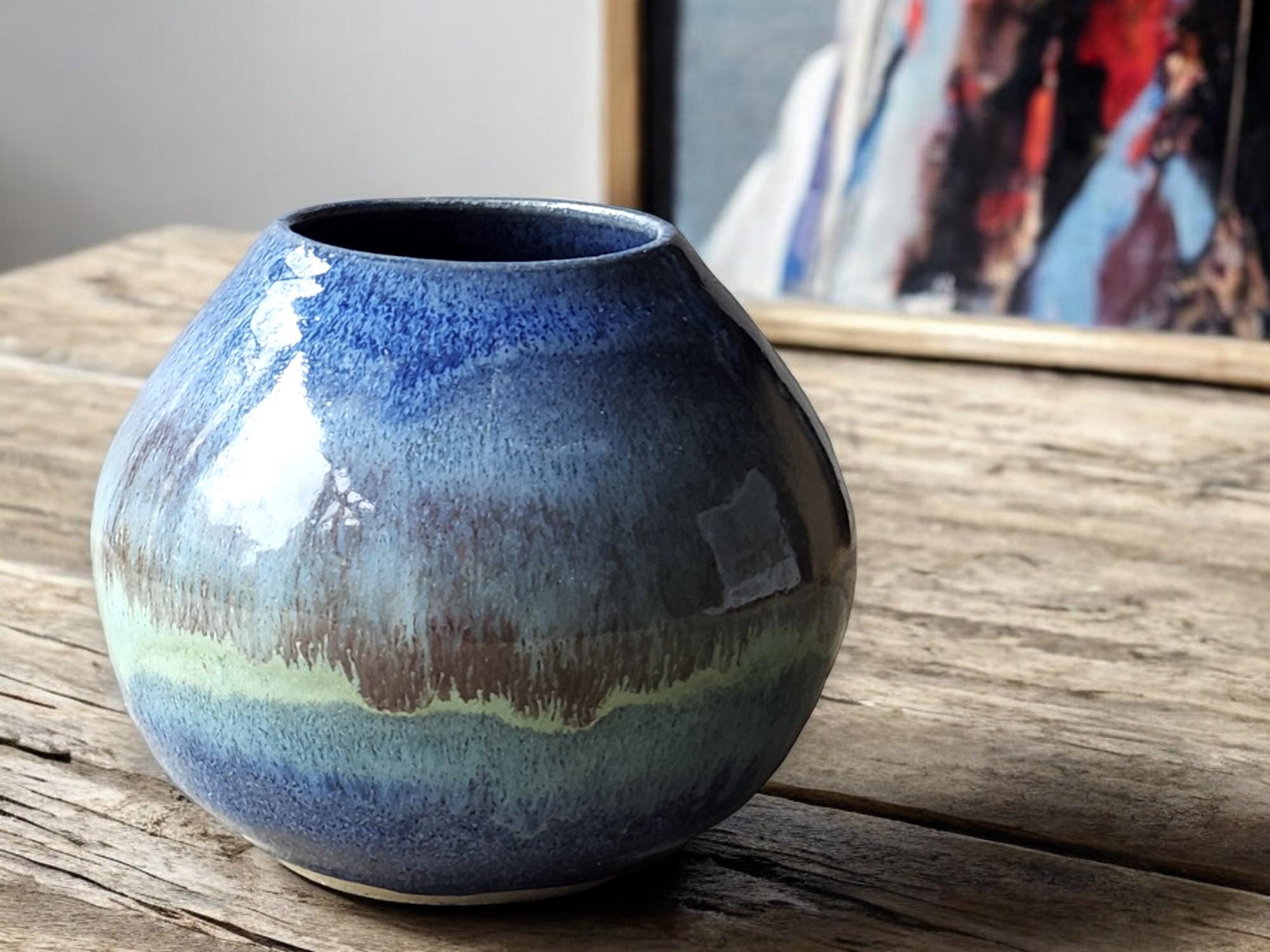 Handmade pottery vase - Mottled Greens moon jar - Ceramic globe vase - unique gift