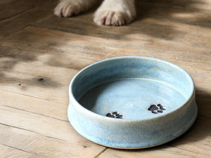 Hand made Pottery pet bowl - Ceramic Pet bowl with paw prints - high sided plate for your fur baby - water or food bowl for medium dog