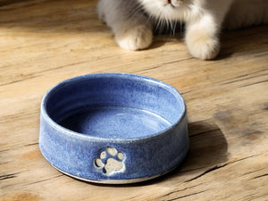 Hand-made Pottery pet bowl - Ceramic Pet water bowl with paw prints - high-sided plate for your fur baby - cat feeder.- small dog bowl