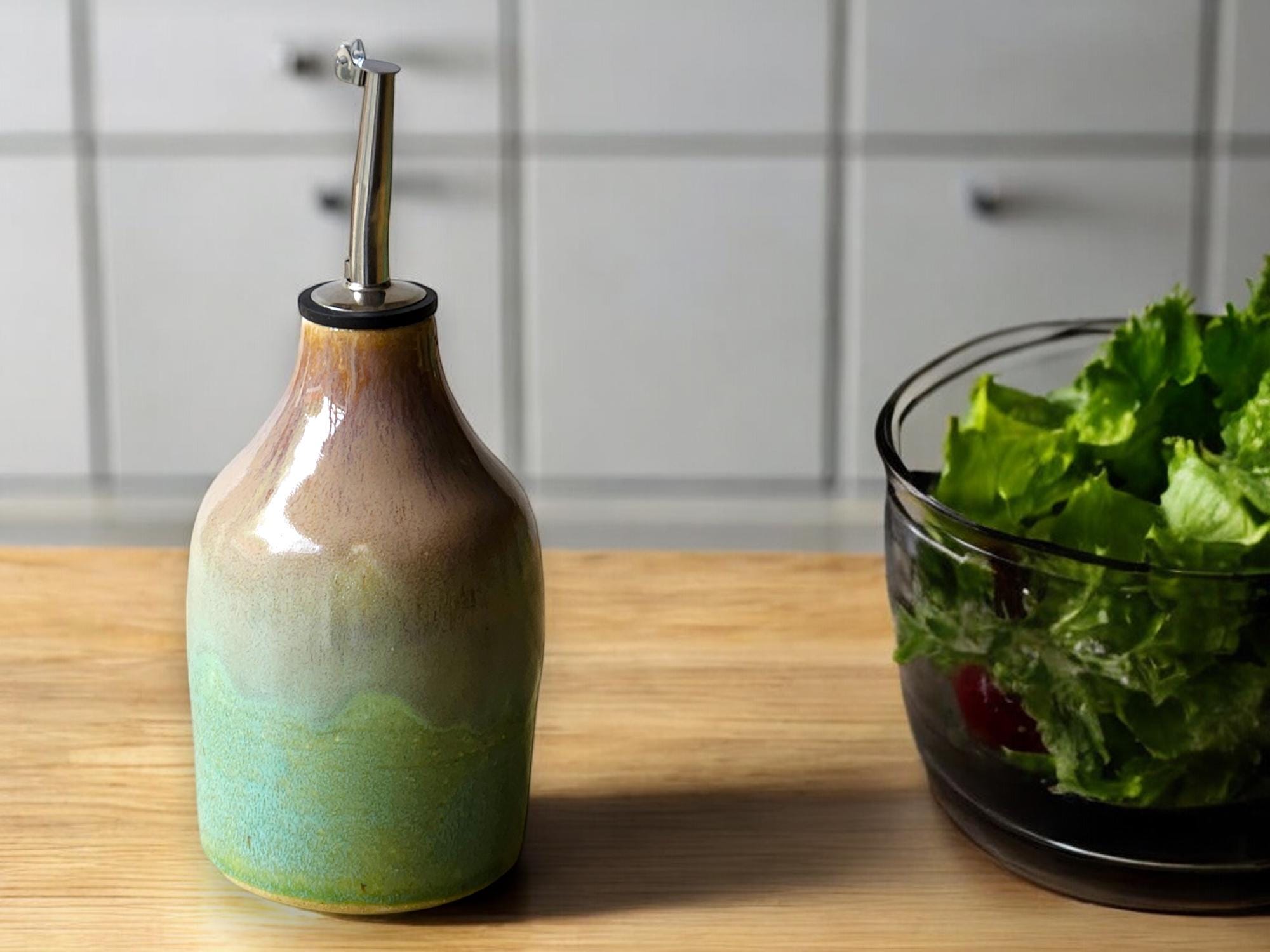 Hand made Pottery Oil Bottle - 450ml Ceramic Olive oil pourer - Oil dispenser -made in Australia - Vinegar bottle