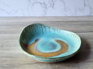 Handmade pottery serving plate, a uniquely shaped ceramic blue-Green brown bowl- Coffee table DIsplay plate