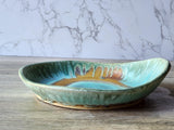 Handmade pottery serving plate, a uniquely shaped ceramic blue-Green brown bowl- Coffee table DIsplay plate