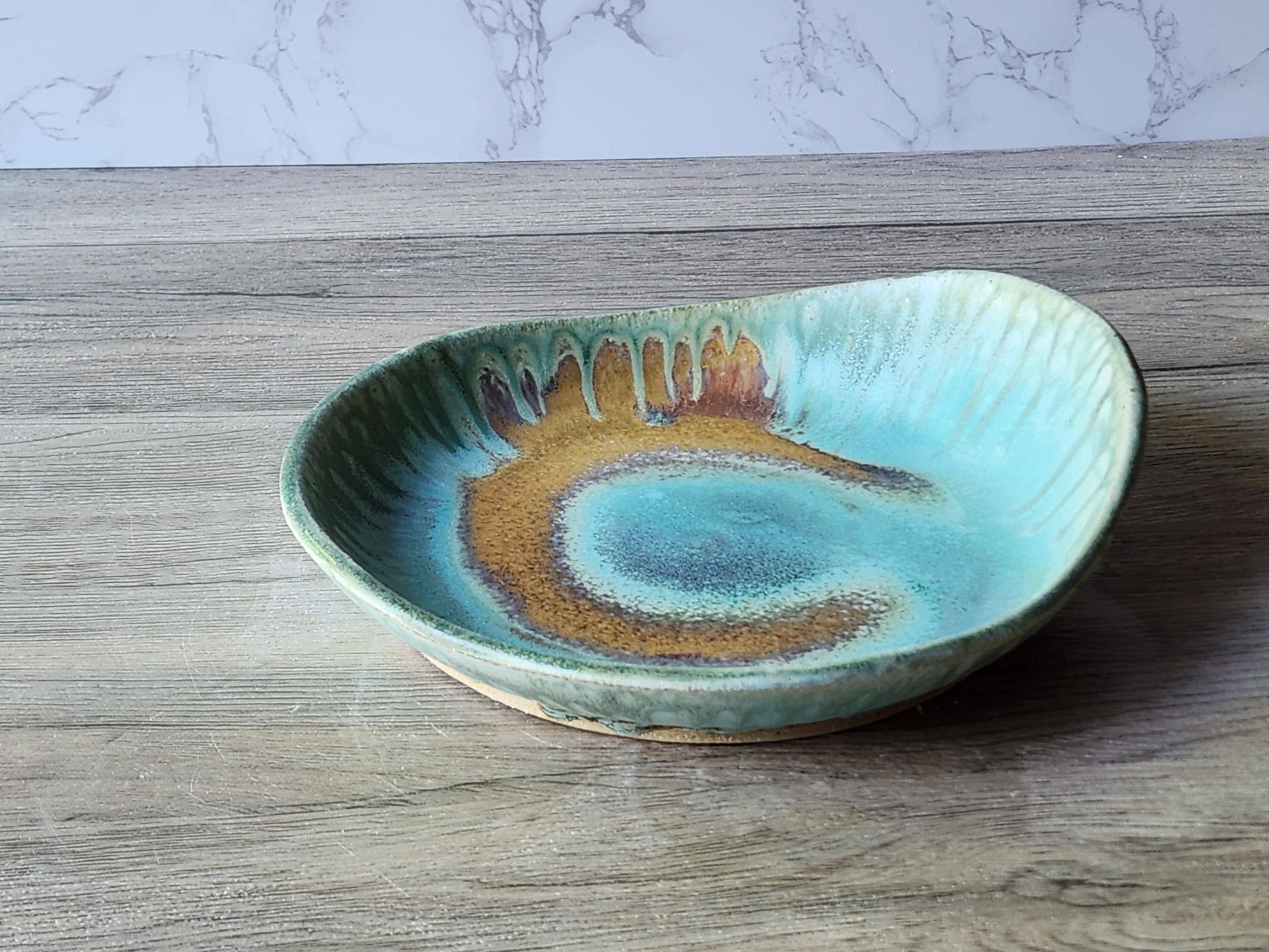 Handmade pottery serving plate, a uniquely shaped ceramic blue-Green brown bowl- Coffee table DIsplay plate