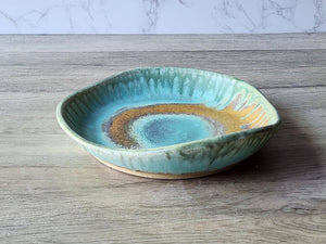 Handmade pottery serving plate, a uniquely shaped ceramic blue-Green brown bowl- Coffee table DIsplay plate