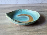 Handmade pottery serving plate, a uniquely shaped ceramic blue-Green brown bowl- Coffee table DIsplay plate