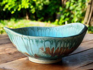 Mottled green/blue/orange/brown Serving bowl - Large handmade fruit bowl - coffee table display bowl - Unique gift