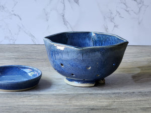 Handmade pottery berry bowl and saucer -Blue ceramic colander - Kitchen appliance - unique gift - gift for chef