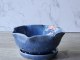 Handmade pottery berry bowl and saucer -Blue ceramic colander - Kitchen appliance - unique gift - gift for chef