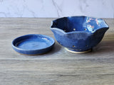 Handmade pottery berry bowl and saucer -Blue ceramic colander - Kitchen appliance - unique gift - gift for chef