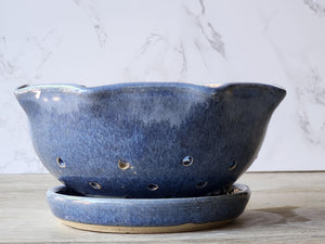 Handmade pottery berry bowl and saucer -Blue ceramic colander - Kitchen appliance - unique gift - gift for chef