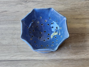 Handmade pottery berry bowl and saucer -Blue ceramic colander - Kitchen appliance - unique gift - gift for chef