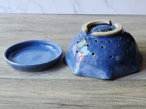 Handmade pottery berry bowl and saucer -Blue ceramic colander - Kitchen appliance - unique gift - gift for chef