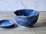 Handmade pottery berry bowl and saucer -Blue ceramic colander - Kitchen appliance - unique gift - gift for chef