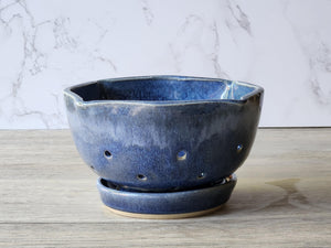 Handmade pottery berry bowl and saucer -Blue ceramic colander - Kitchen appliance - unique gift - gift for chef