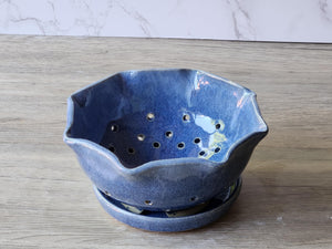 Handmade pottery berry bowl and saucer -Blue ceramic colander - Kitchen appliance - unique gift - gift for chef