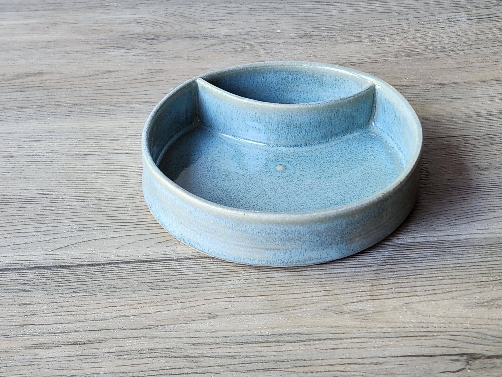 Handmade pottery chip and dip dish – rustic mottled light blue-grey glaze