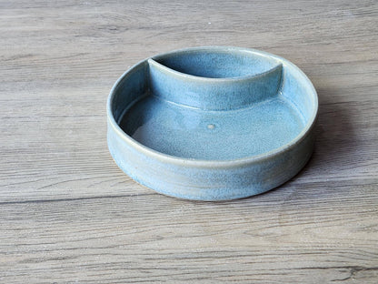 Handmade pottery chip and dip dish – rustic mottled light blue-grey glaze