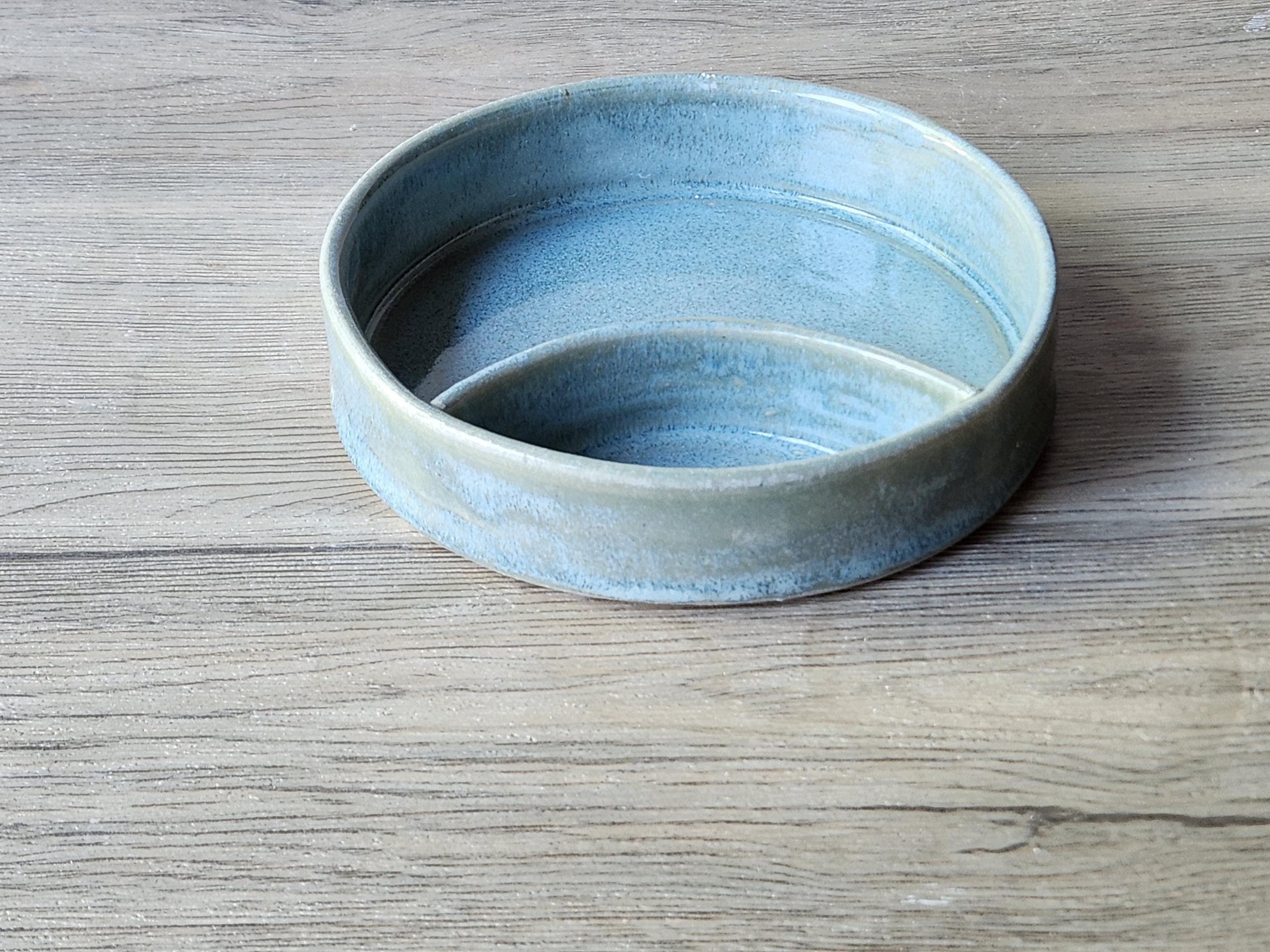 Hand-made Pottery snack bowl with two sections for dips and snacks