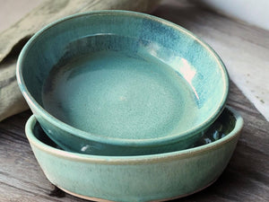 Handmade ceramic serving bowl green and blue glaze