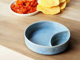 Hand made Pottery Chip and dip bowl -Ceramic individual snack size chip and dip platter -Blue TV plate for one - unique gift for him