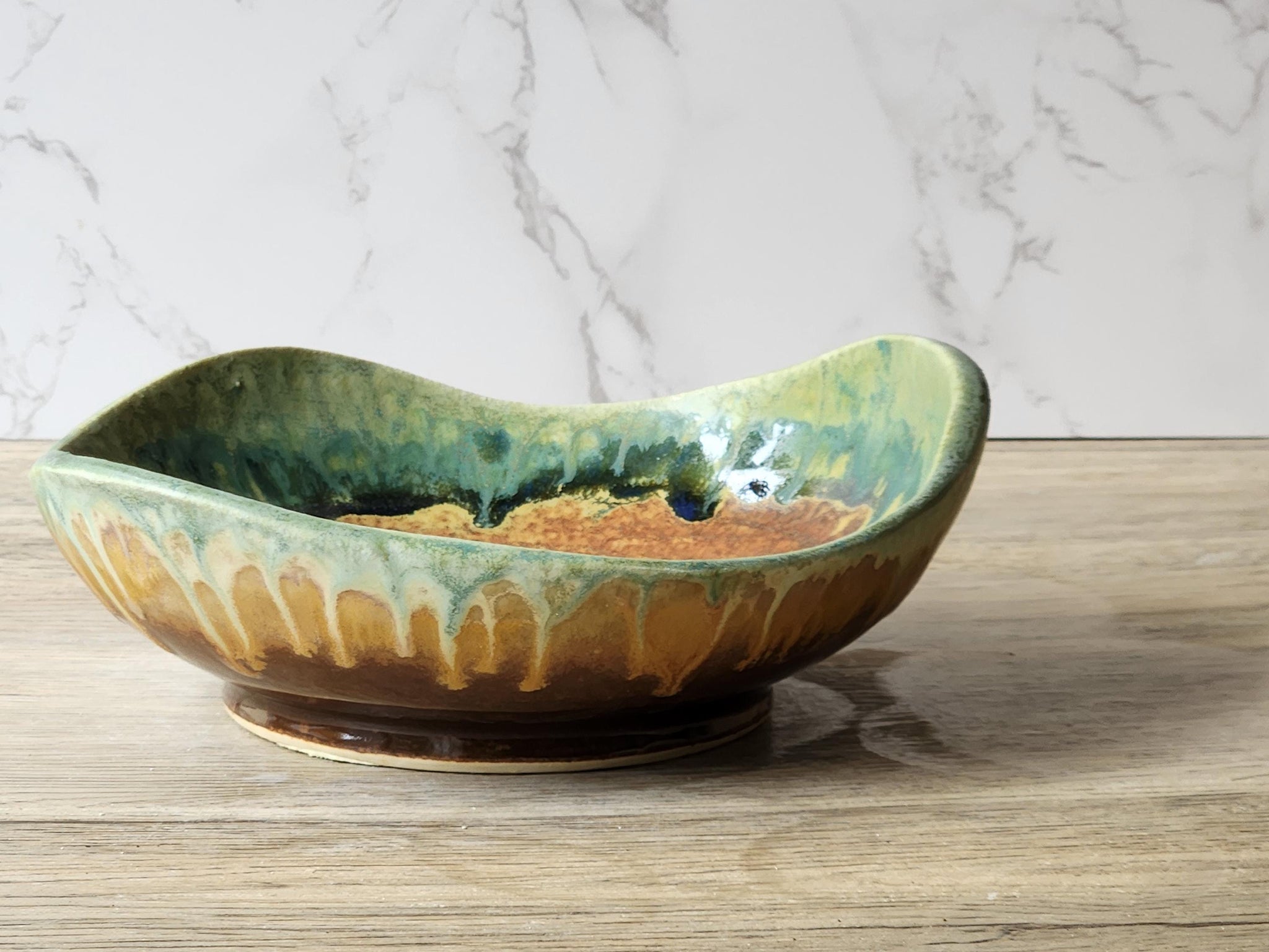 Handmade pottery serving plate, a uniquely shaped ceramic blue-Green brown bowl- Coffee table DIsplay plate