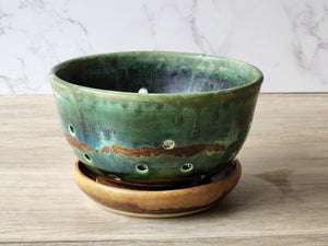 Handmade pottery berry bowl - with saucer - ceramic colander - Australian made bowl with drainage saucer