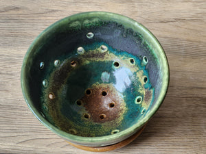 Handmade pottery berry bowl - with saucer - ceramic colander - Australian made bowl with drainage saucer