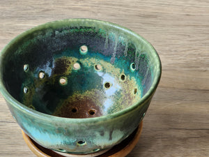 Handmade pottery berry bowl - with saucer - ceramic colander - Australian made bowl with drainage saucer