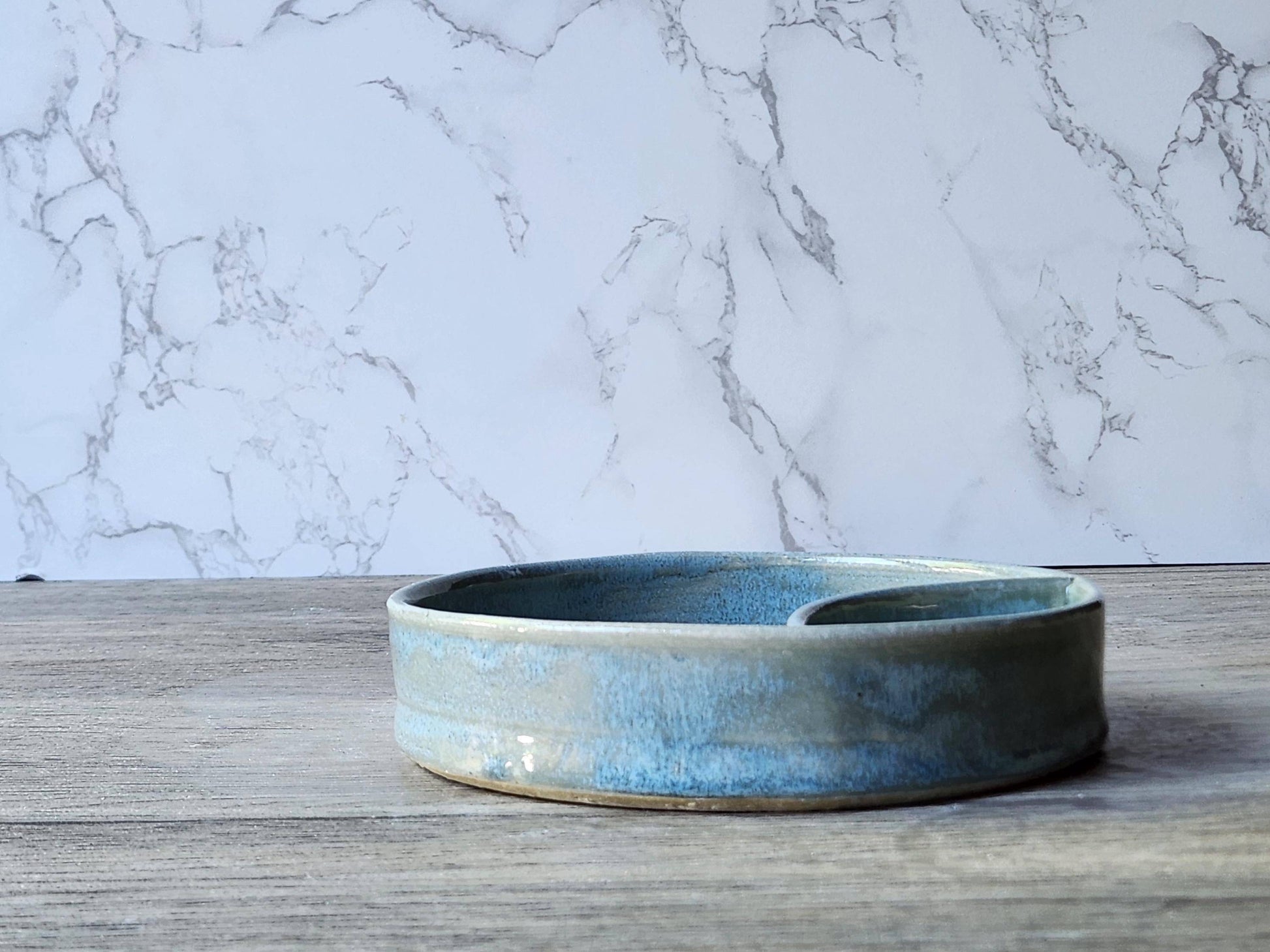 Australian pottery light blue-grey snack bowl with dual compartments