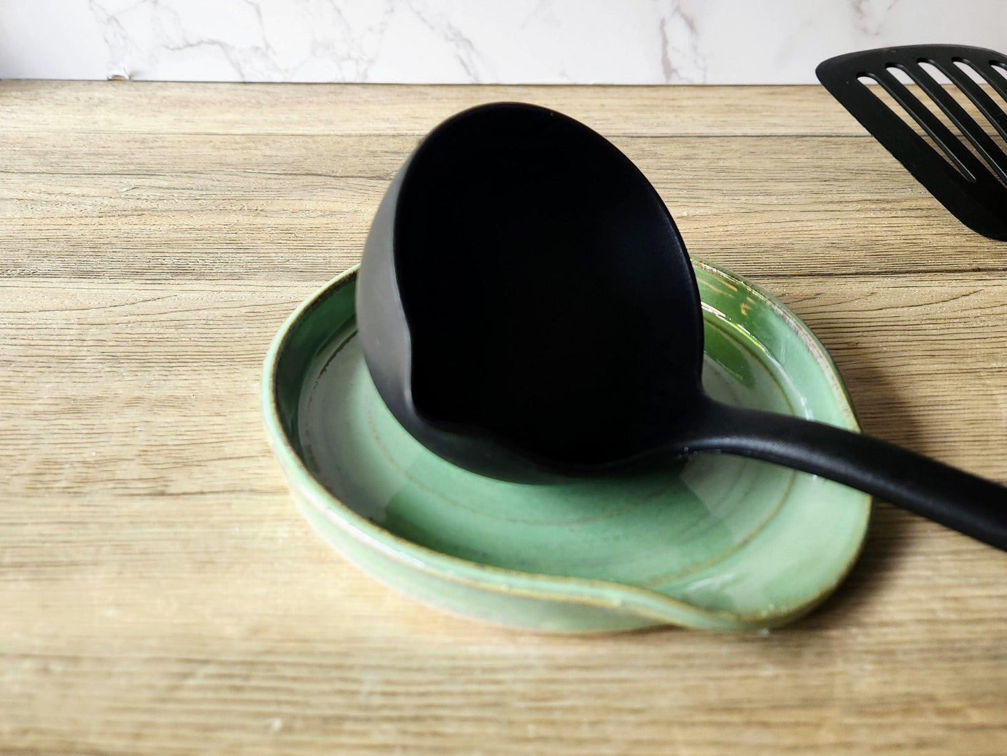 Handmade Ex large pottery Spoon rest - Rustic green ceramic spoon holder for cooking utensils