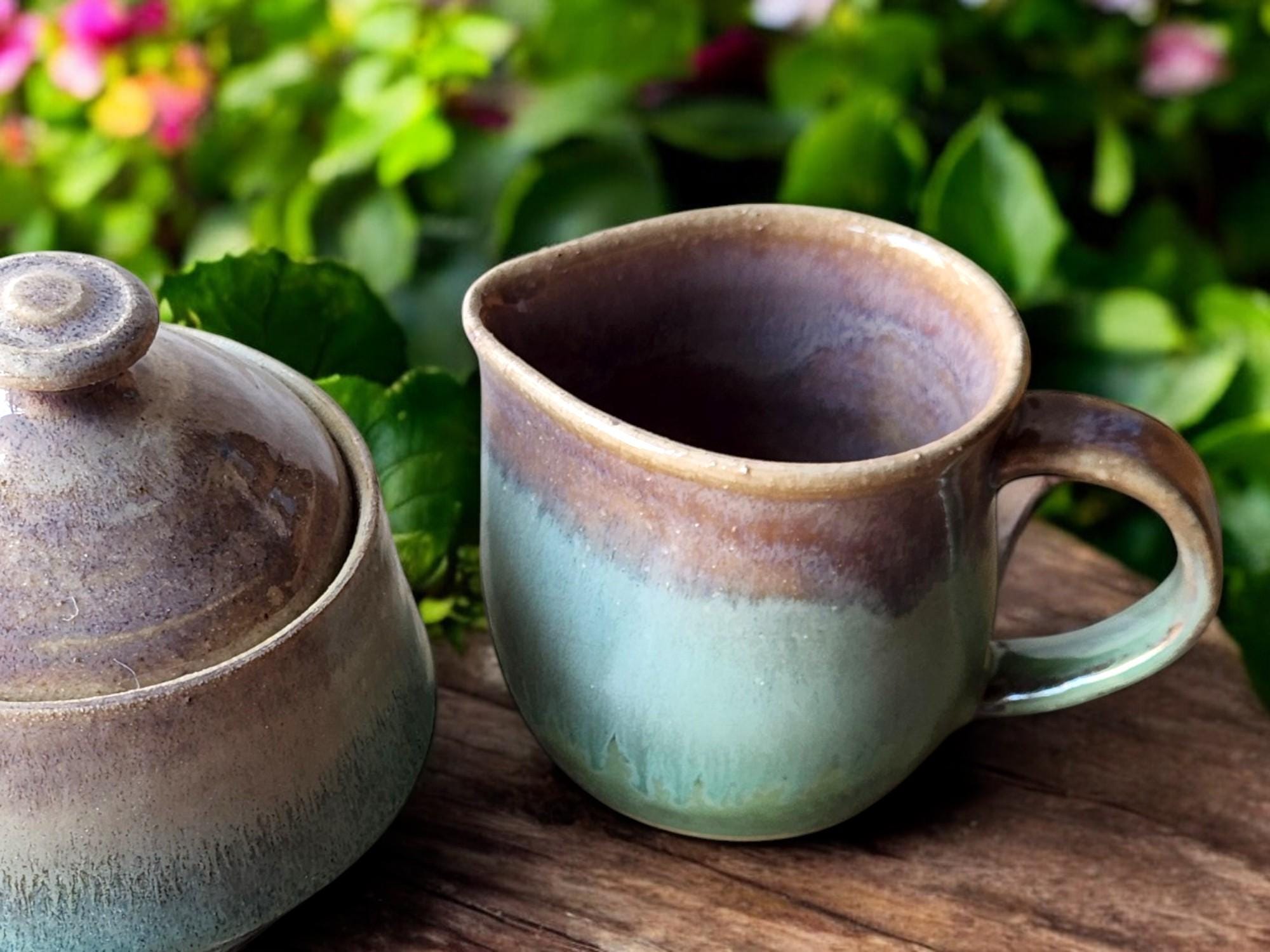Handmade pottery Jug, 300ml ceramic creamer, Australian-made milk jug, Green and Brown cream jug, gravy boat, ceramic milk jug.