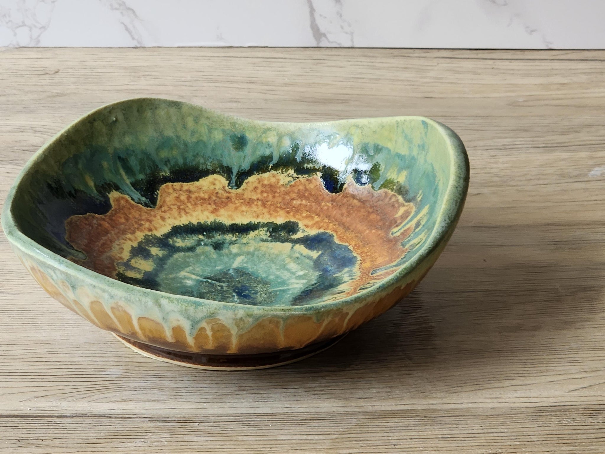 Handmade pottery serving plate, a uniquely shaped ceramic blue-Green brown bowl- Coffee table DIsplay plate