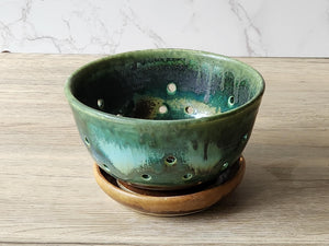 Handmade pottery berry bowl - with saucer - ceramic colander - Australian made bowl with drainage saucer