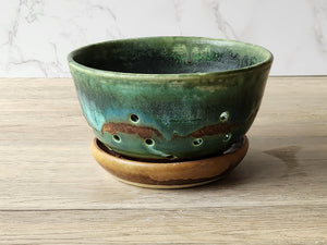 Handmade pottery berry bowl - with saucer - ceramic colander - Australian made bowl with drainage saucer
