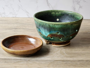 Handmade pottery berry bowl - with saucer - ceramic colander - Australian made bowl with drainage saucer