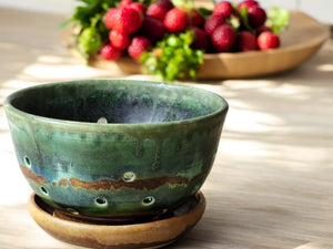 Handmade pottery berry bowl - with saucer - ceramic colander - Australian made bowl with drainage saucer