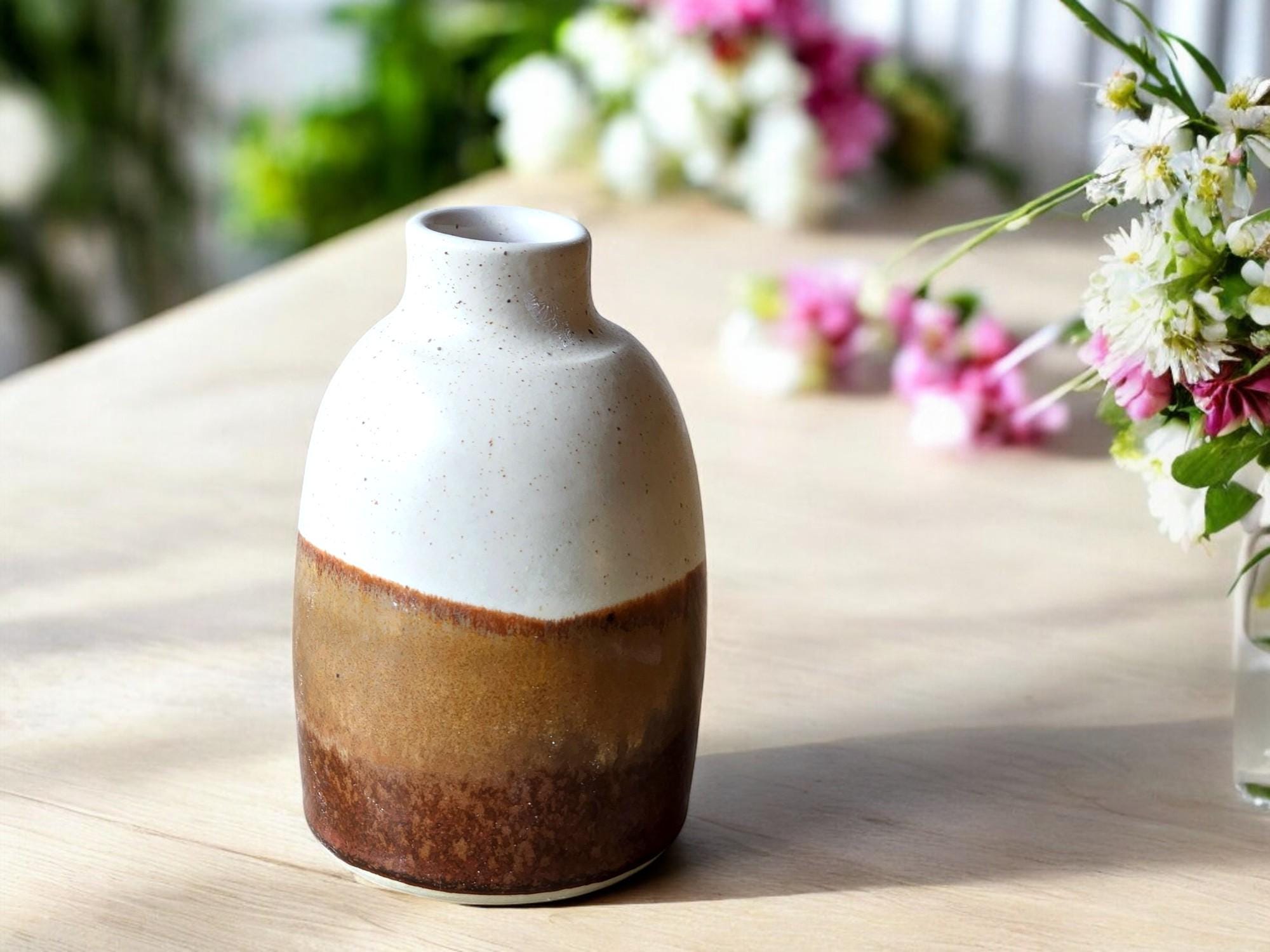 Handmade Ceramic Pottery Bottle - Cream, Red, and Brown Bud Vase.
