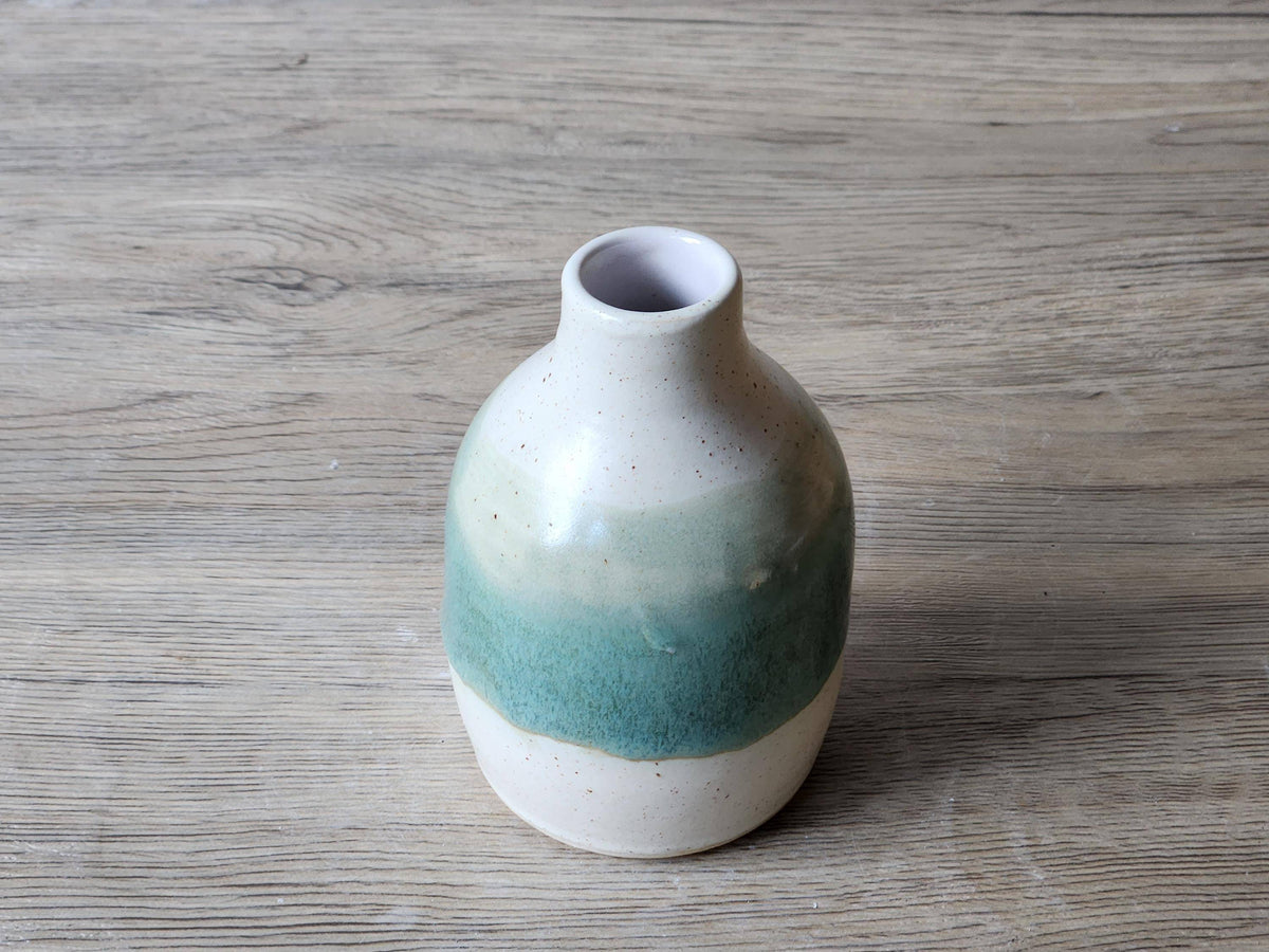Unique pottery bud vase gift – cream and green stoneware