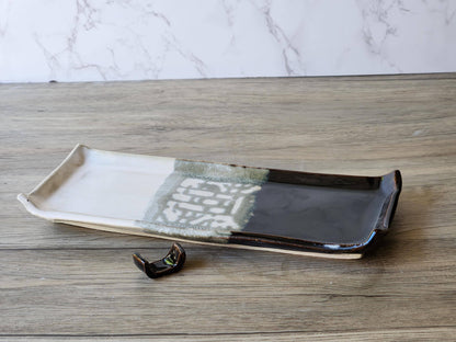 Handmade stoneware serving platter in cream and chocolate glaze