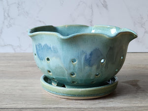 Handmade pottery berry bowl - with saucer - ceramic colander - Australian made bowl with drainage saucer - large ceramic berry drainer