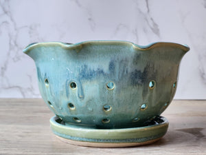 Handmade pottery berry bowl - with saucer - ceramic colander - Australian made bowl with drainage saucer - large ceramic berry drainer