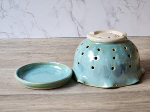 Handmade pottery berry bowl - with saucer - ceramic colander - Australian made bowl with drainage saucer - large ceramic berry drainer