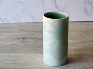 Unique porcelain bud vase – green glaze with crystalline white patterns