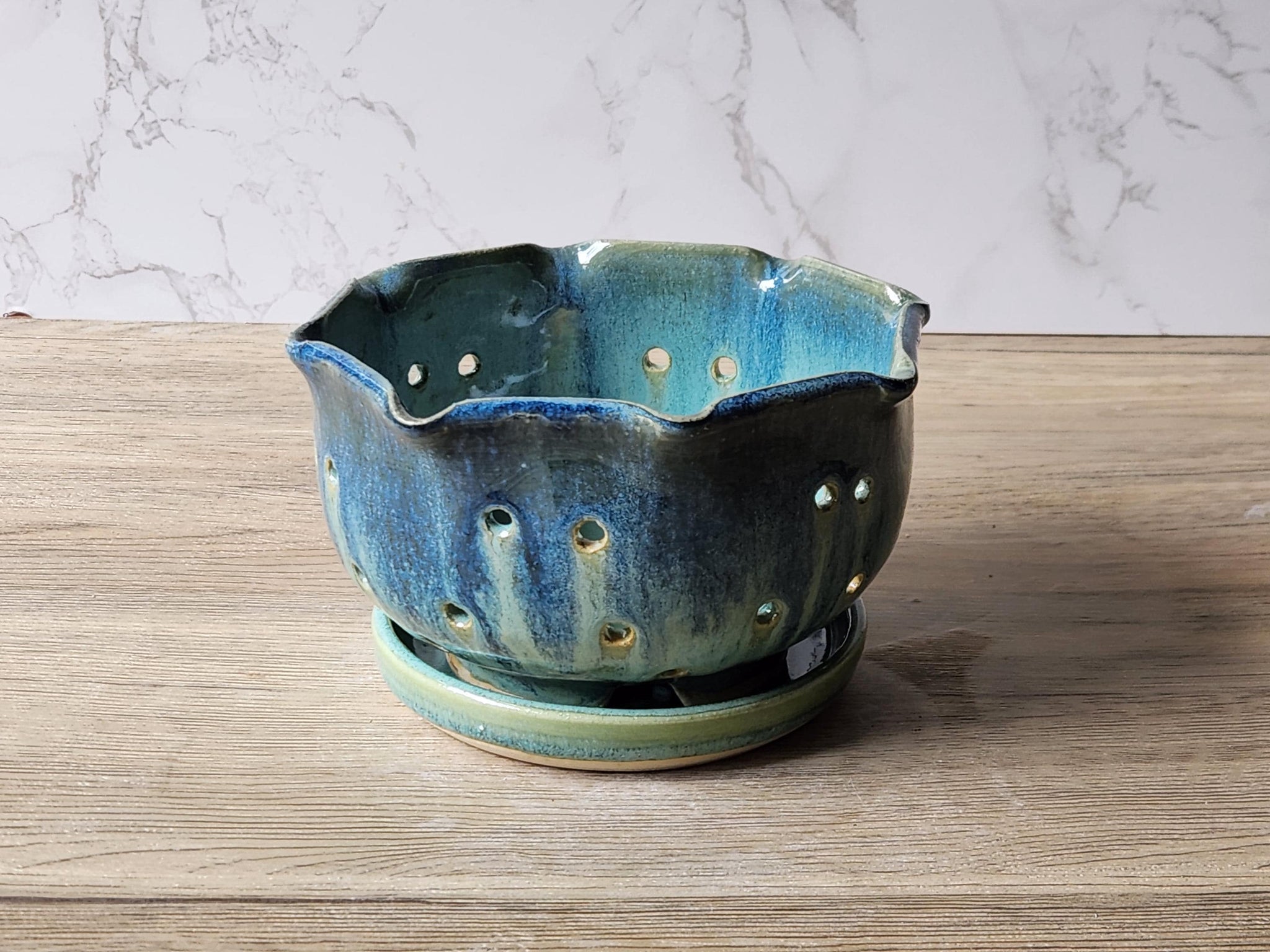 Handmade Pottery Berry Bowl with Saucer – Ceramic Colander, Drainage Plate, Australian Made Fruit Strainer