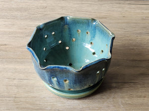 Handmade Pottery Berry Bowl with Saucer – Ceramic Colander, Drainage Plate, Australian Made Fruit Strainer